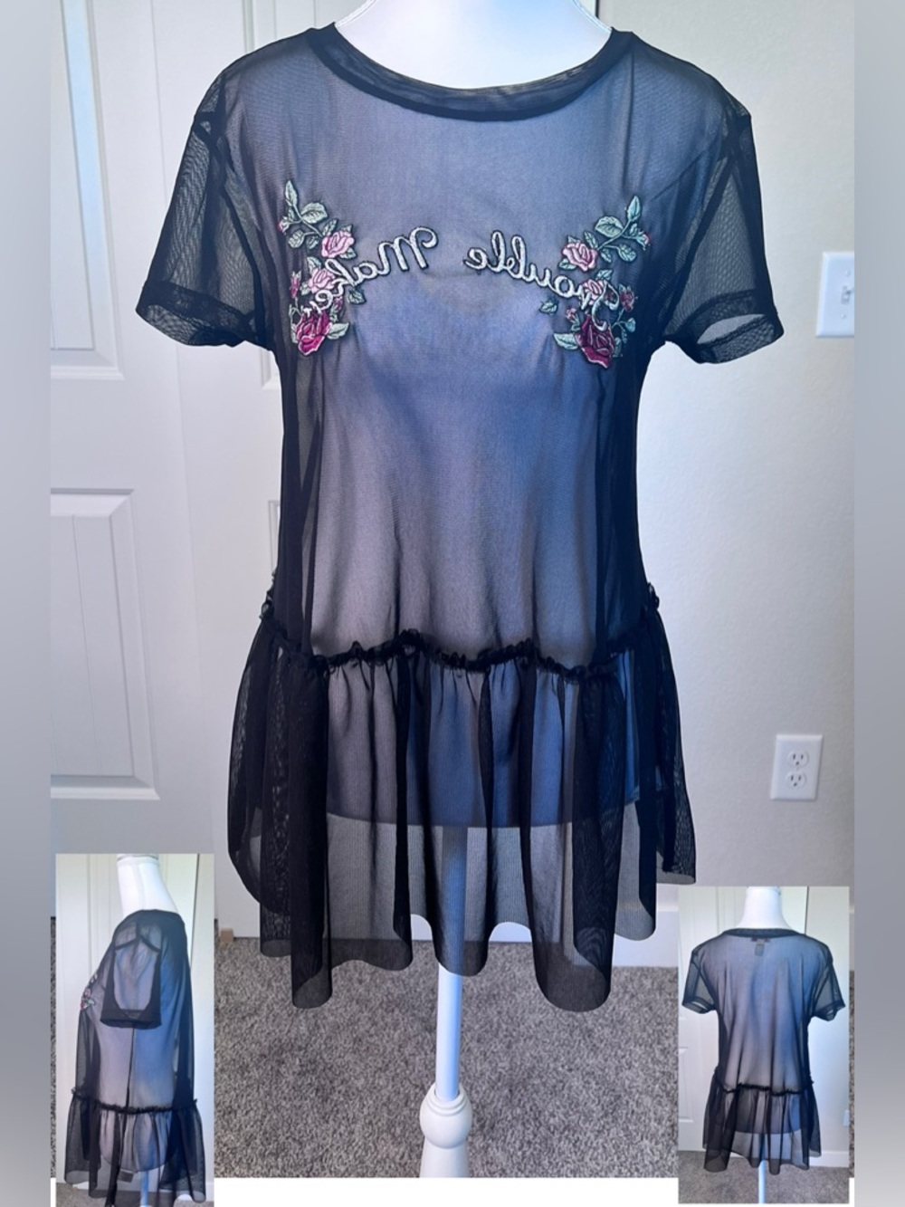 Trouble Maker (Intentional Backwards) Embroidered Roses Sheer Peplum Top Medium